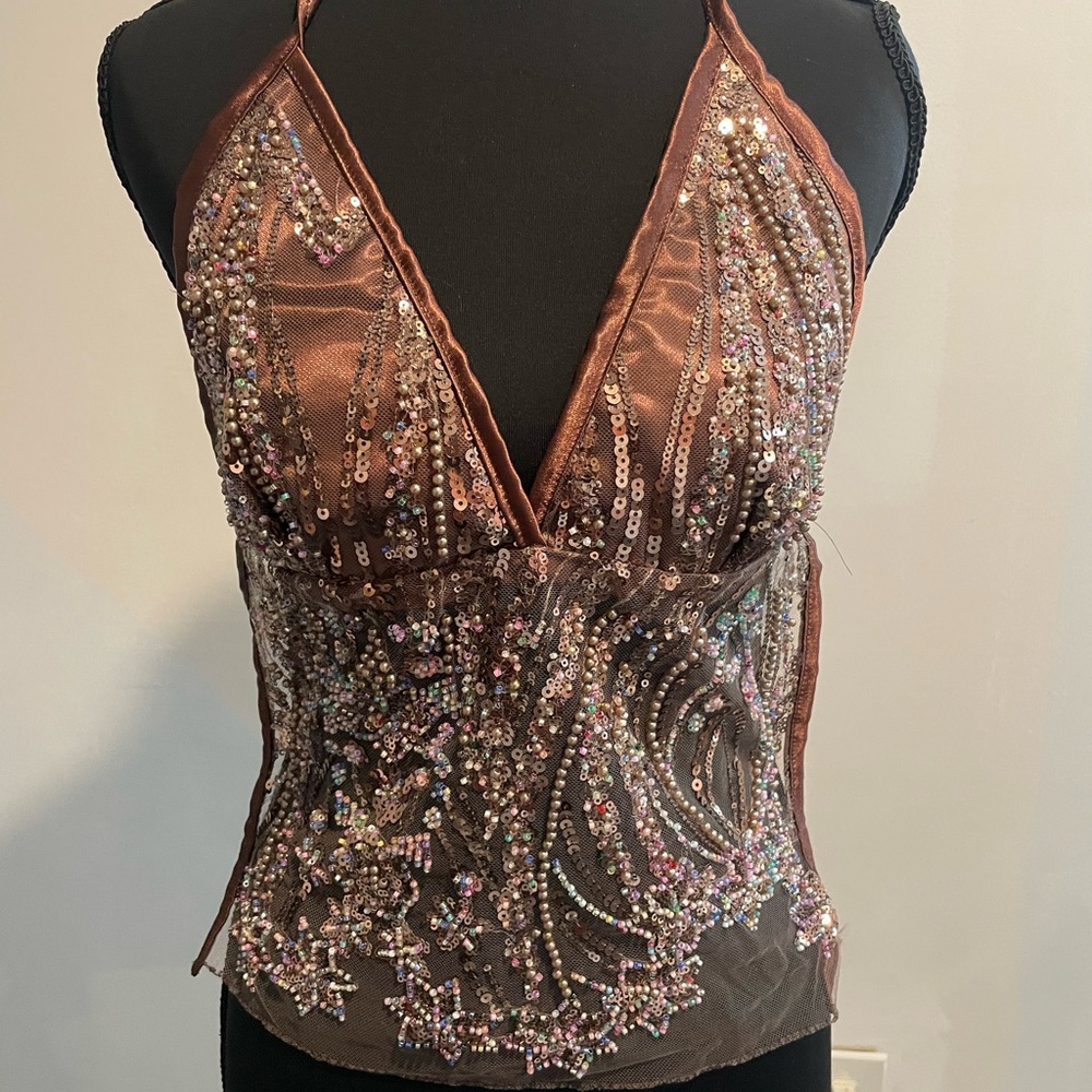 Beaded Brown Halter Tank Top with V-Neck